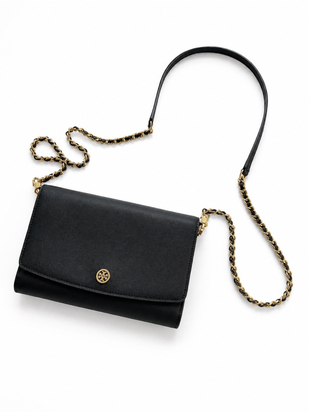 Tory Burch Black Leather Chain Strap Crossbody with Gold Logo
